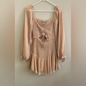 French Kiss taupe smocked pleated hem long sleeve mini dress size small new